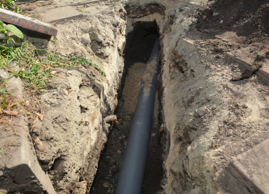 Installing sewer pipe in the ground trench