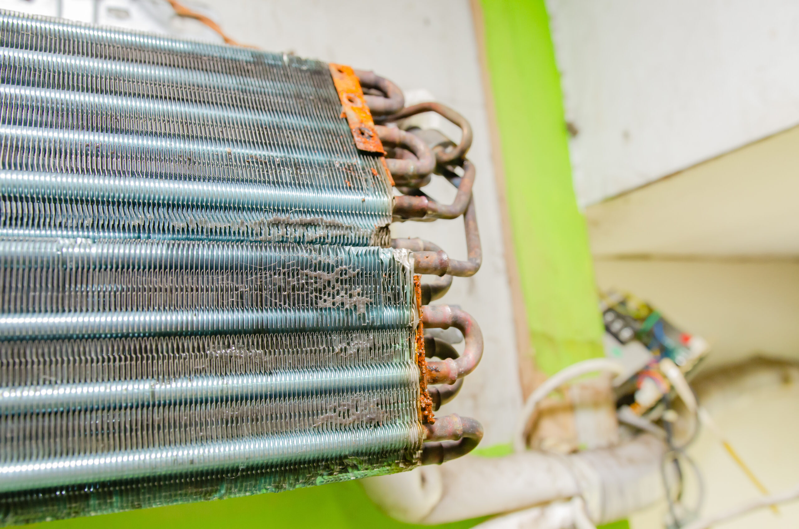 Close-up of dirty AC evaporator coils.